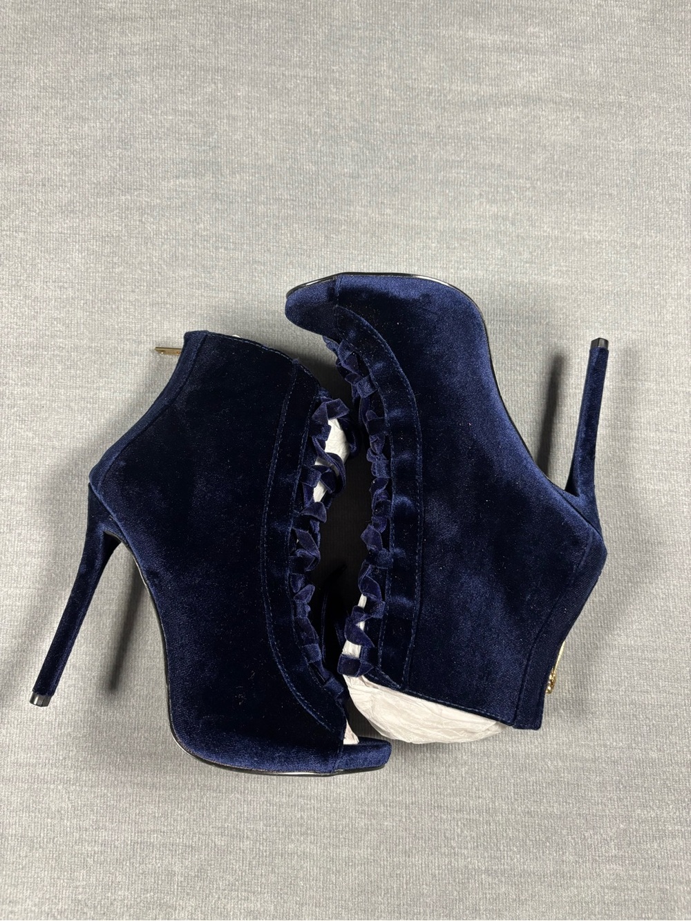 Navy blue velvet lace-up peep-toe ankle boots with 4.5 inch heel #velvetboots